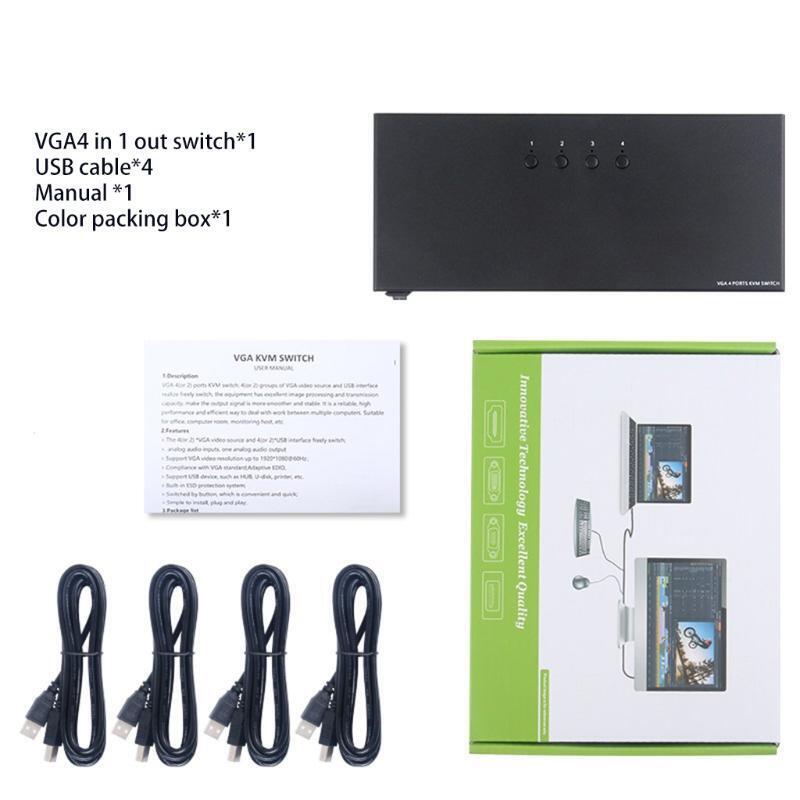 KVM VGA Switch Box USB 2.0 Switcher 4 PC Sharing 1 Monitor for Keyboard Mouse