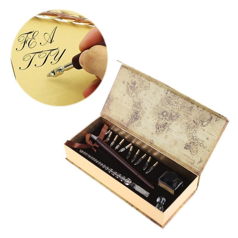 1set Nibs Wooden Dip Pen Set Glass Calligraphy Pen Set for Cartoon Lettering Art