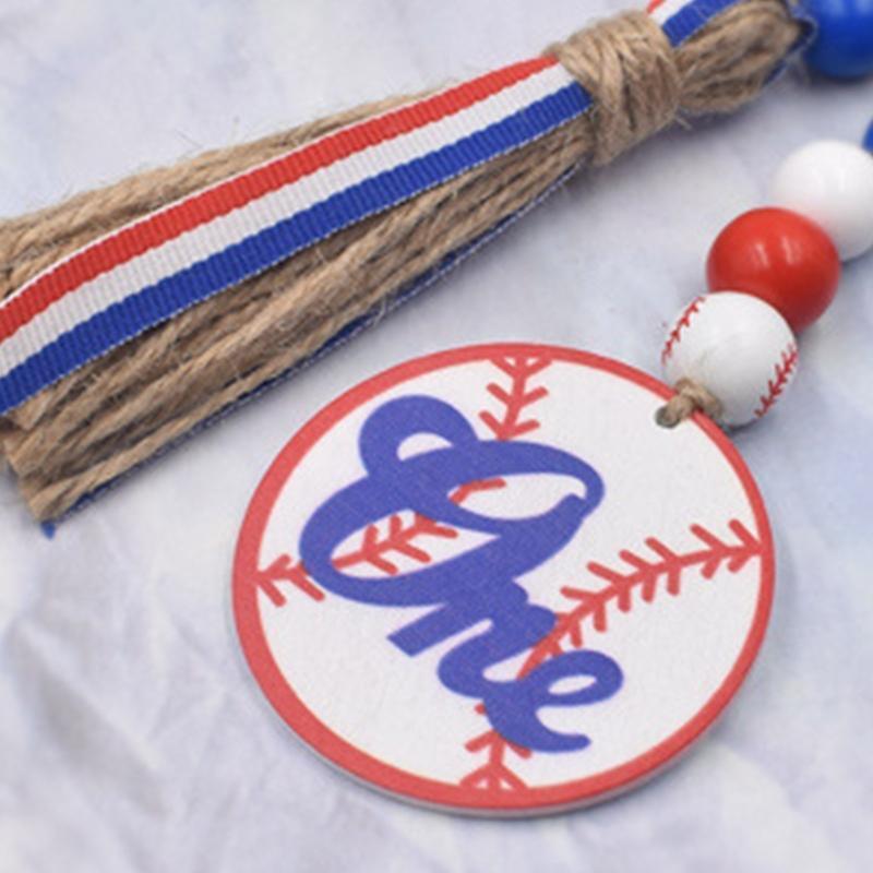 Wood Bead Garland with Tassels Baseball Tag Blue Red and White Sports Theme