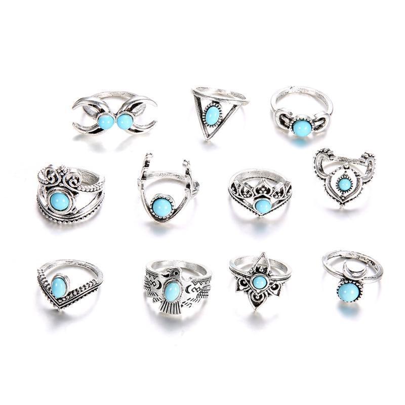11Pieces Exquisite Women Ring Blue Oval Cut Fire Opal Diamond Band Rings Jewelry