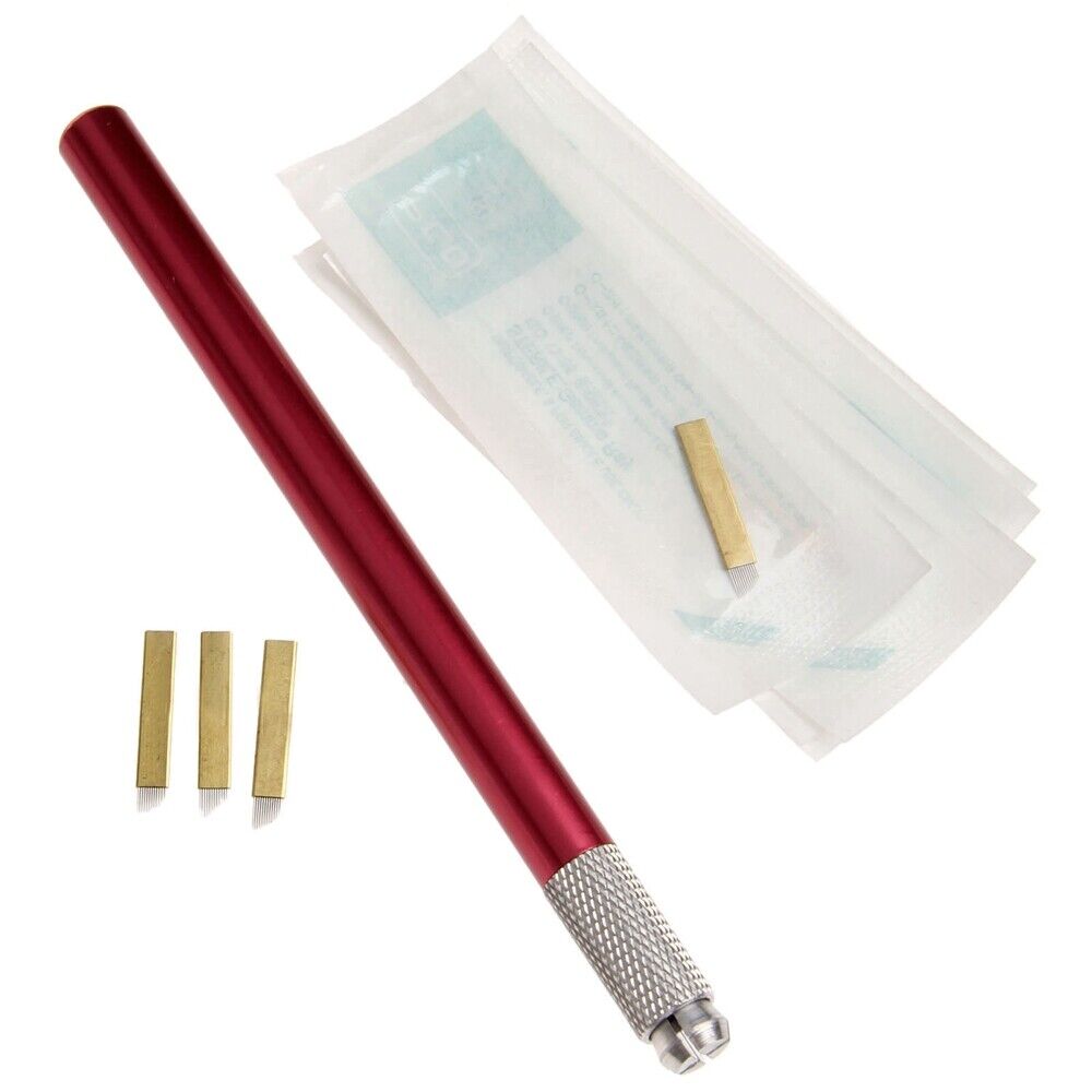 5.08" Red Manual Tattoo Pen Permanent Makeup Lip Eyebrow + 10Pcs 12pin Blades