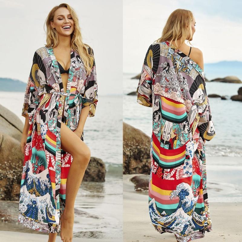 Women Japanese Print Long Kimono Cardigan Open Front Bikini Cover Up Beach Shirt