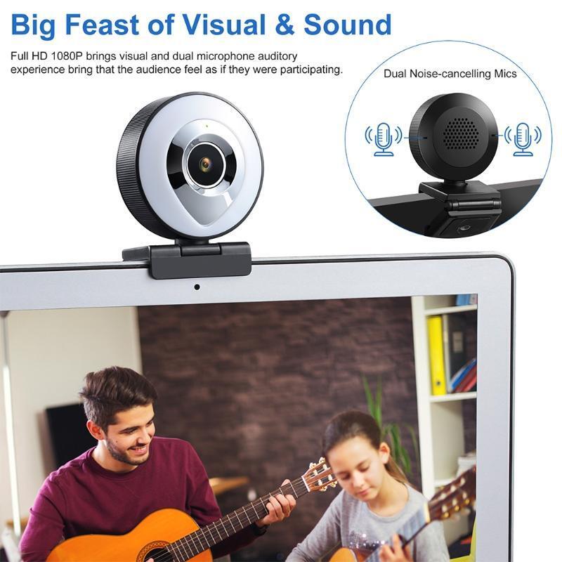 1080P Webcam Built in Adjustable Ring Light and Mic Advanced Autofocu Web Camera