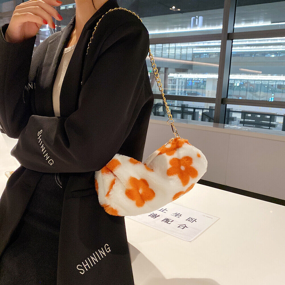 Cute Flower Cylinder Shoulder Bag Women Winter Chain Plush Purse (Orange)