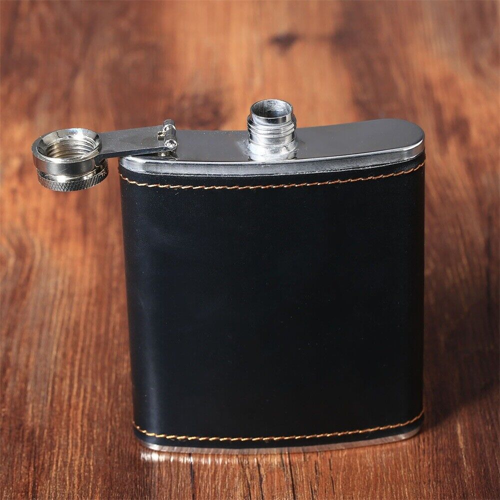 7oz Black PU Leather Steel Liquor Hip Flask Whiskey Alcohol Wine Flagon Bottle