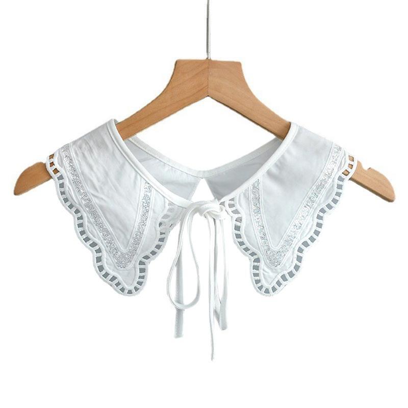 Women Crochet Sequins Patchwork Faux Collar Shawl Hollow Wavy Trim Lace-Up Cape