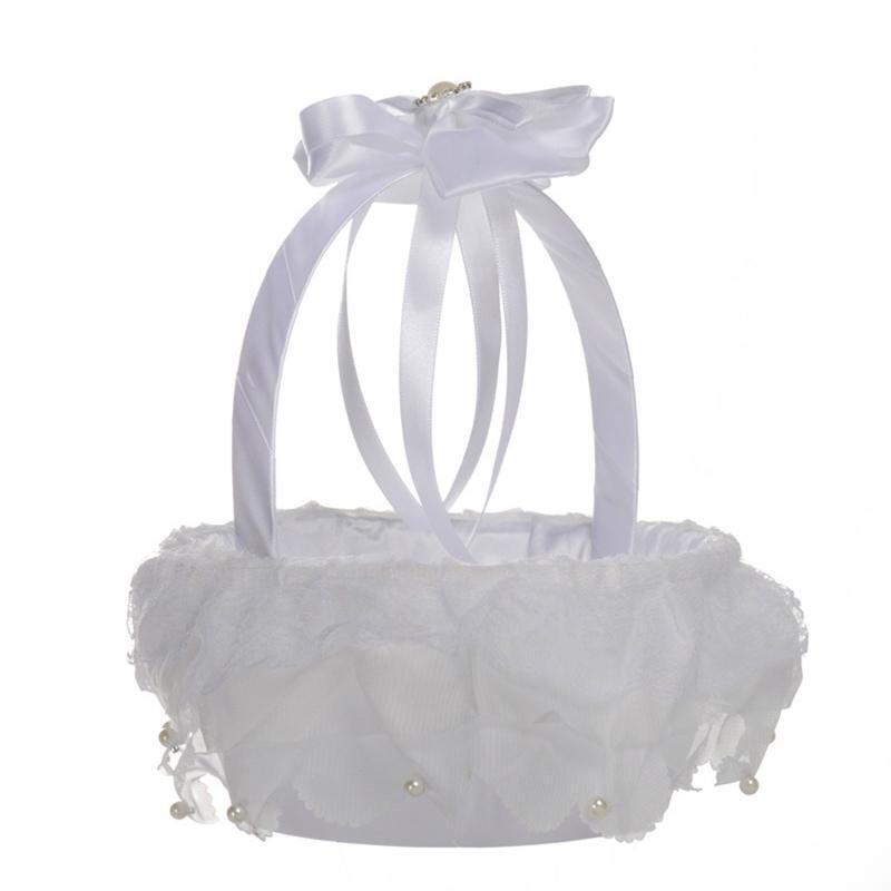 Flower Basket for Wedding Ceremony Small Satin White Flower Girl Baskets