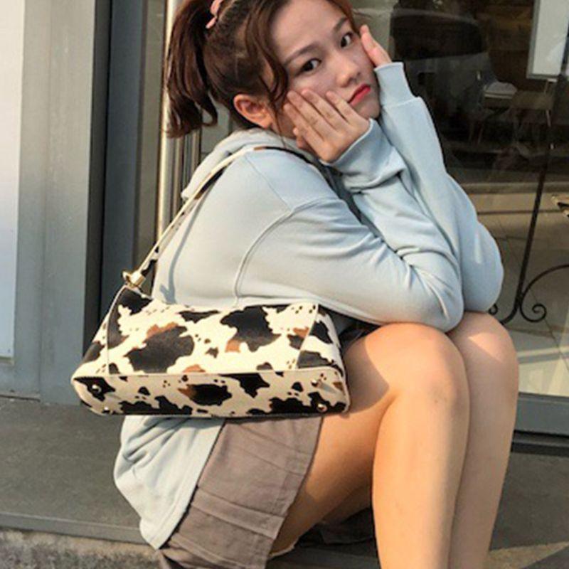 Cartoon Cow Print Women PU Leather Handbag Shoulder Lady Armpit Bag Tote Purse