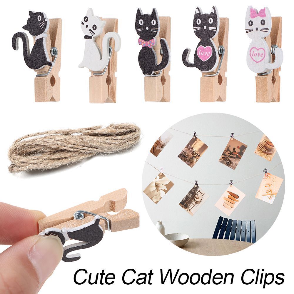 Cartoon DIY 10pcs/set Cute Cat with Hemp Rope Wooden Clips Hanging Photo Clips