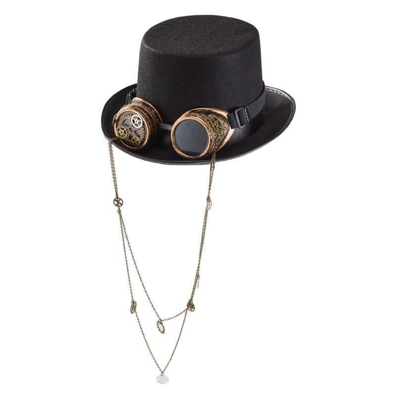 Steampunk Hat Victorian Gothic Gear Chain Top Jazz Hat with Detachable Goggles