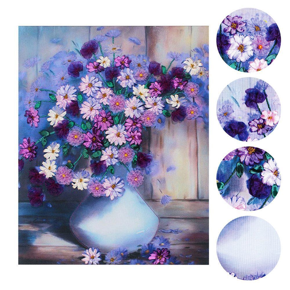Flower DIY Ribbon Wall Decor Cross Stitch Hanging Pictures Embroidery Set