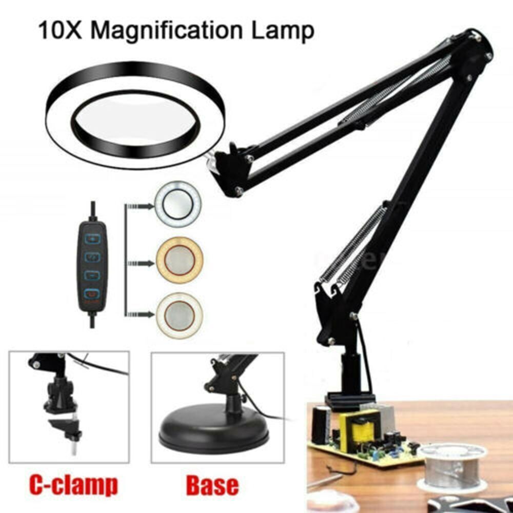 Hot LED Lamp with Base& Clamp Black 10X Desk Light Magnifying Glass Magnifier