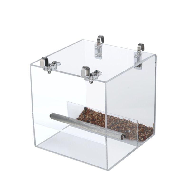 Acrylic Bird Feeder Hanging Seed Tray Box Parrot Perch Stand Cage Feeding Tools