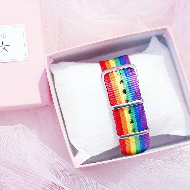 Fashion Rainbow Stripe Canvas Woven Bracelet Nylon Watch Bands for Male Female