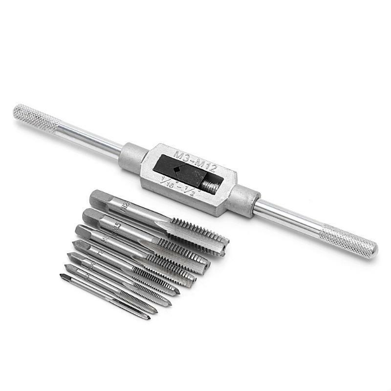 8 Pcs Hand Screw Thread Metric Plug Tap Set M3-M12 With Adjustable Tap Wrench