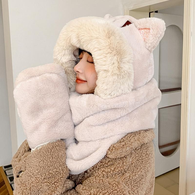 One Piece Scarf Plush Scarf Hooded Hat Winter Hat Scarf Gloves Set Fleece Warm