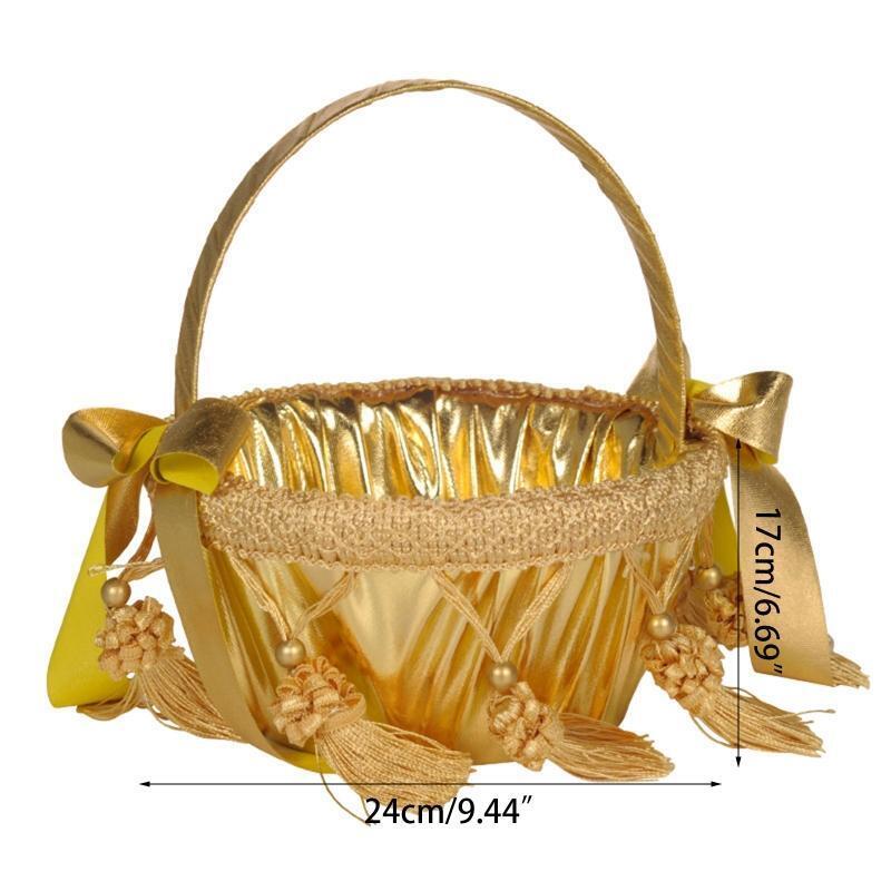 Small Flower Girl Baskets with Handle Bows & Tassels for Wedding Ceremony