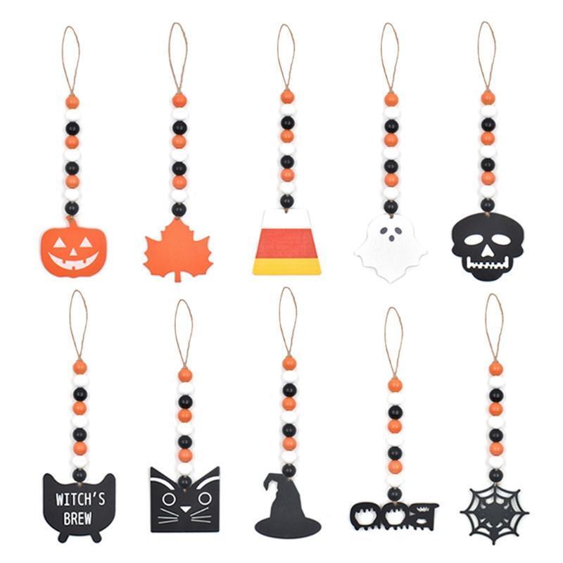 10x Tree Ornament Halloween Ghost Spider Skeleton Hang Pendant Wood Bead Garland