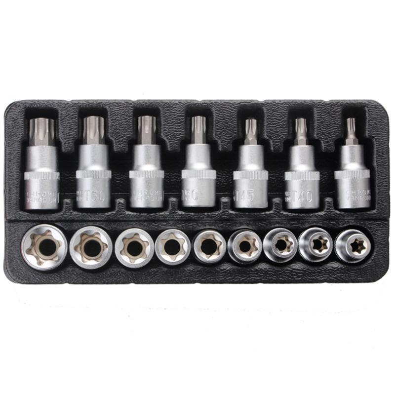 Torx Bit Socket Set with Case E10-E24 T30-T70 16 Pcs Steel Star Bit Set Cr-V