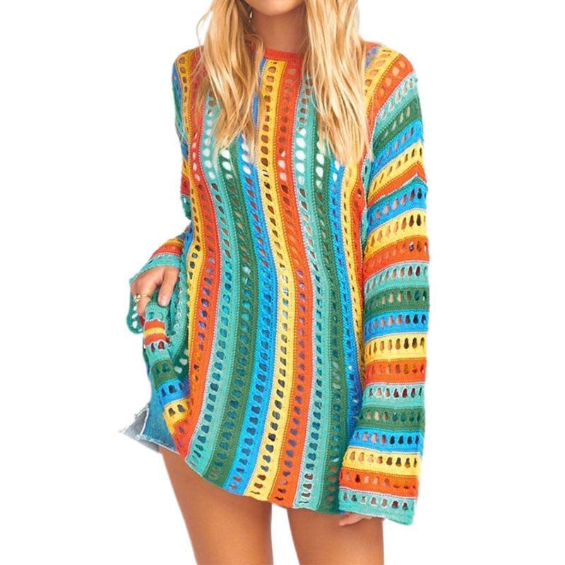 Women Beach Long Sleeve Bikini Cover Up Hollow Crochet Rainbow Stripe Mini Dress
