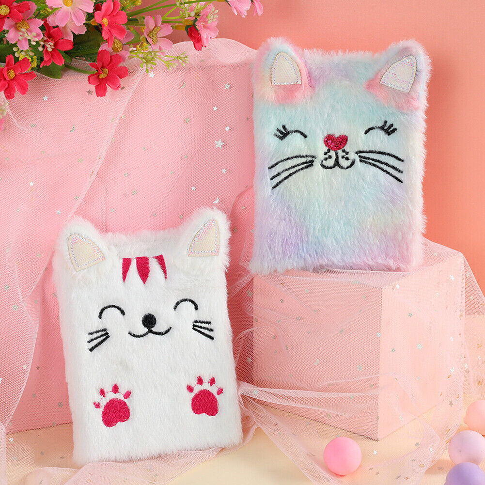 Cartoon Cat Plush Notebook Fluffy Daily Planner Journal Book (White)