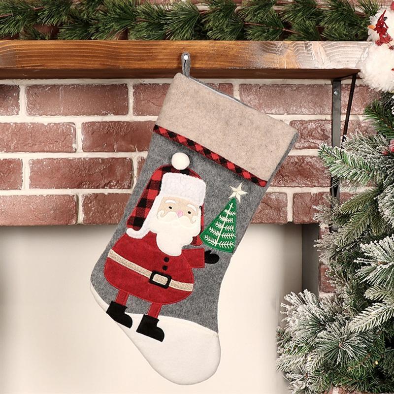 Christmas Santa Stocking Red Black Plaid Cloth Stockings Pendant Crafts