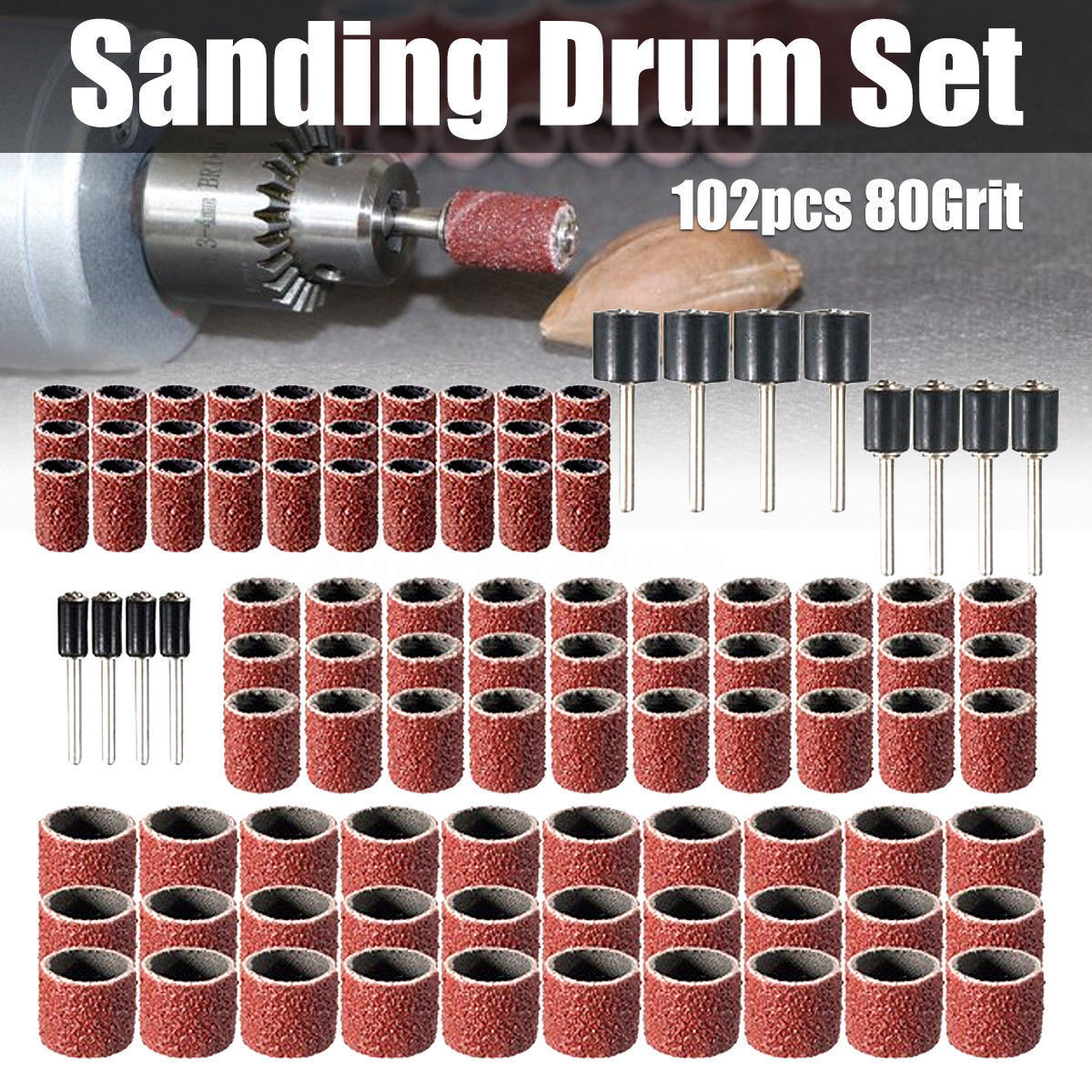 102pcs 80Grit Drum Sanding Kit Fit  Rotary Tools with 1/2 3/8 1/4
