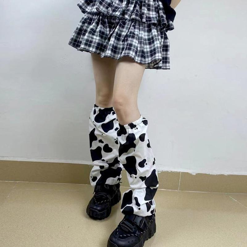Women Harajuku Baggy Loose Leg Warmers Gothic Milk Cow Print Foot Cover Socks