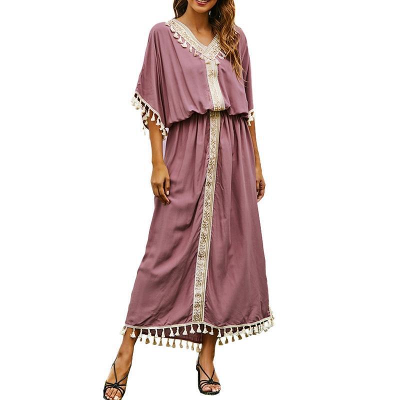 Women Kaftan Robe Batwing Sleeve Beach Cover Up Embroidery Tassel Maxi Dress
