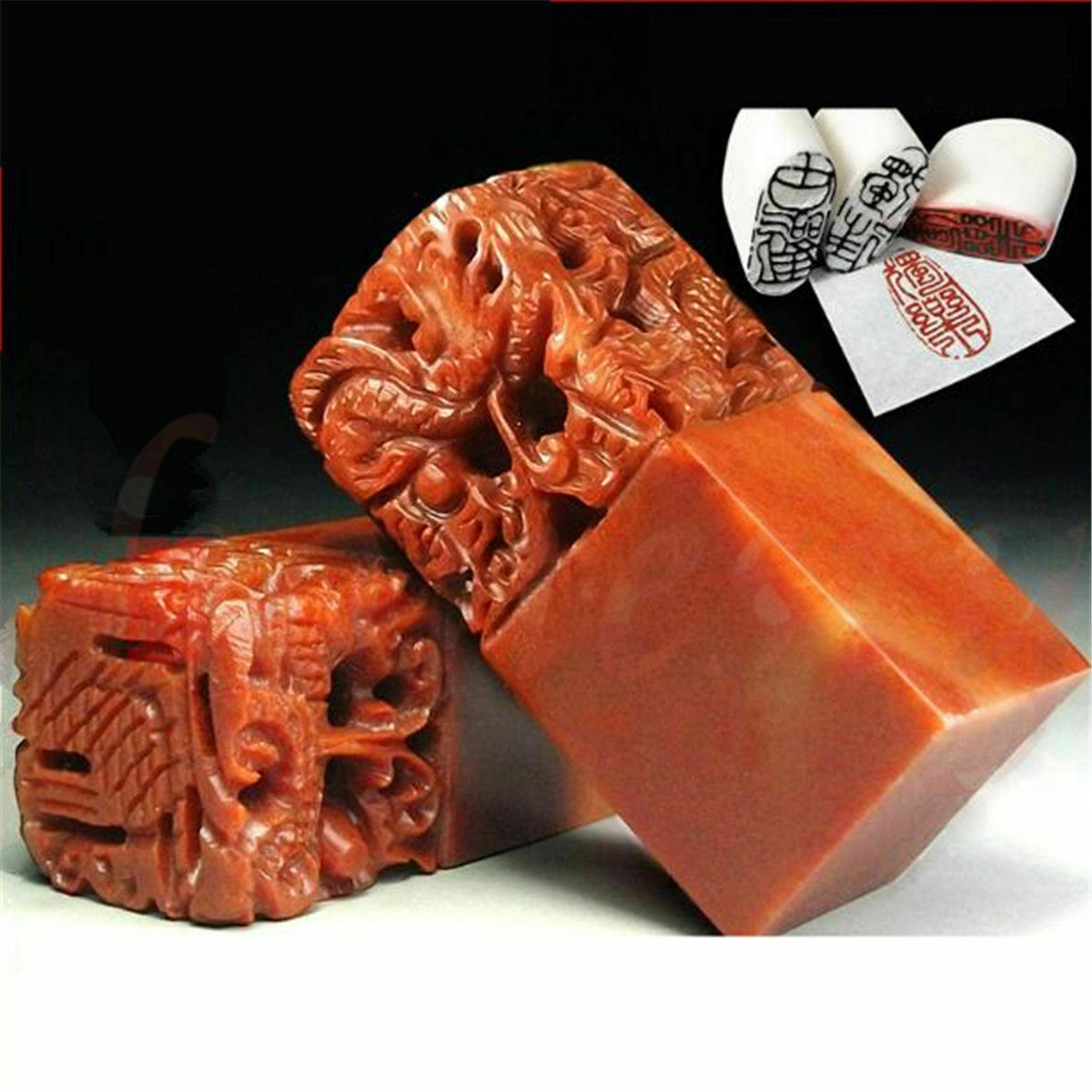 Traditional Five Dragons Scarlet Carving Seal Sculpture Name DIY Stone Jade