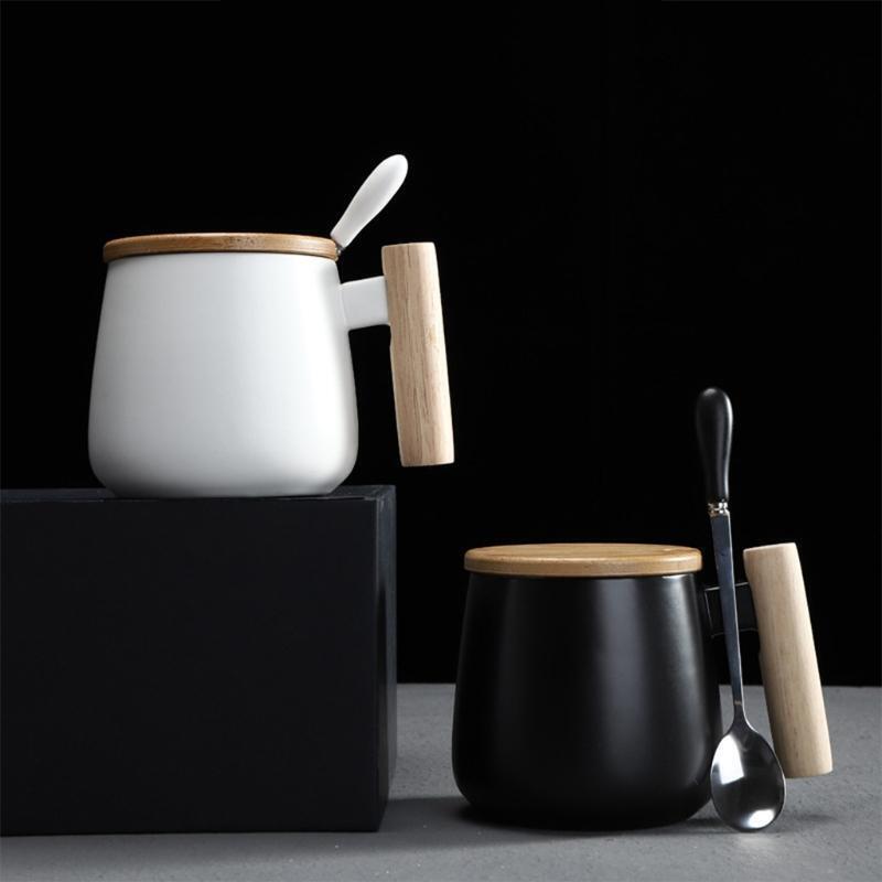 Wooden Handle Ceramic Mug Home Office Tea Milk Coffee Cup with Lid Spoon Teacup
