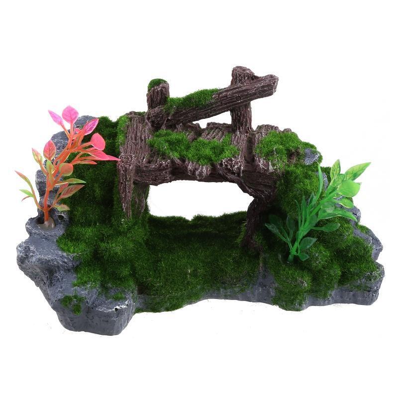 Aquarium Decor Wood Bridge Fish Tank Betta Shelter with Rocks for Aquatic Pet