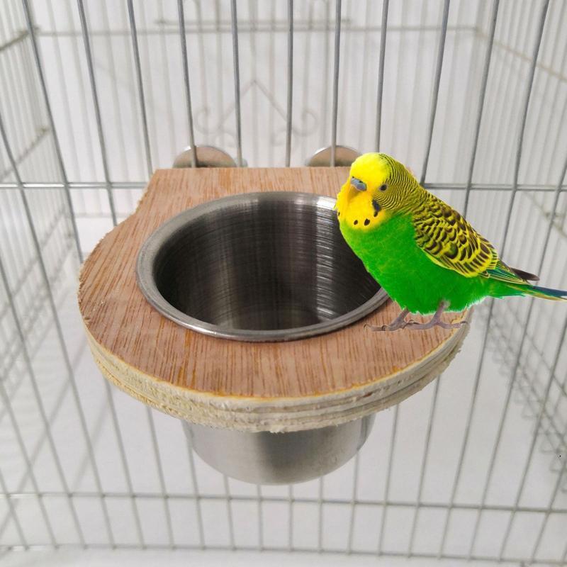 Bird Feeding Dish Detachable Stainless Steel Cups with Wood Clamp Holder