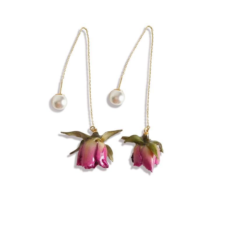 Cute Sweet Red Pressed  Rose Flower Long Drop Earrings Women  Fashion Jewelry