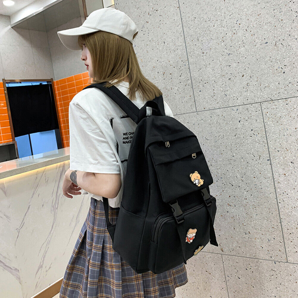 Women Men Canvas Backpack with Badges Travel College Student School Bags