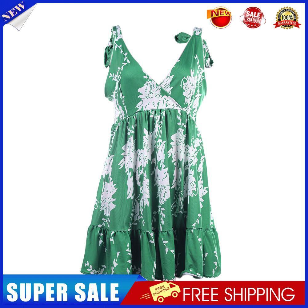 Sleeveless Floral Print Dress Women Deep V Neck Backless Halter Dress(XL)