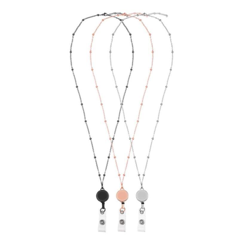 Badge Lanyard with Id Holder Alloy Badge Necklace Retractable Reel Clip Chain