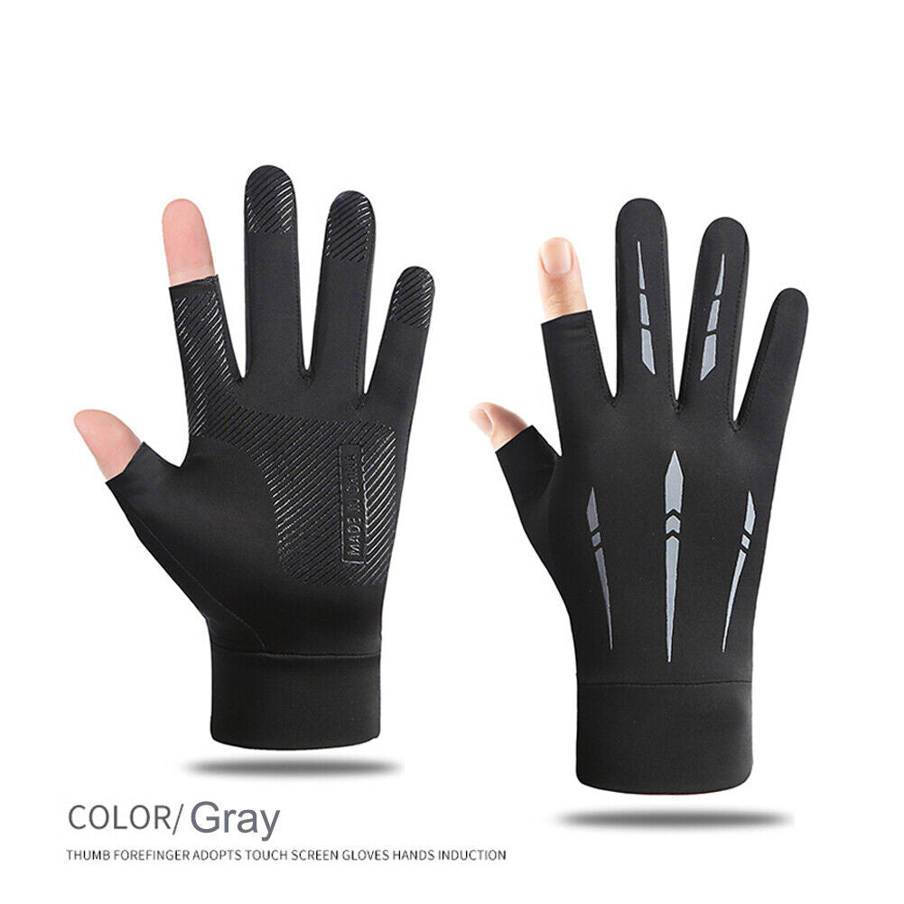 Breathable Anti-Slip Women Men Two Finer Cut Fishing Cycling Gloves (Grey)