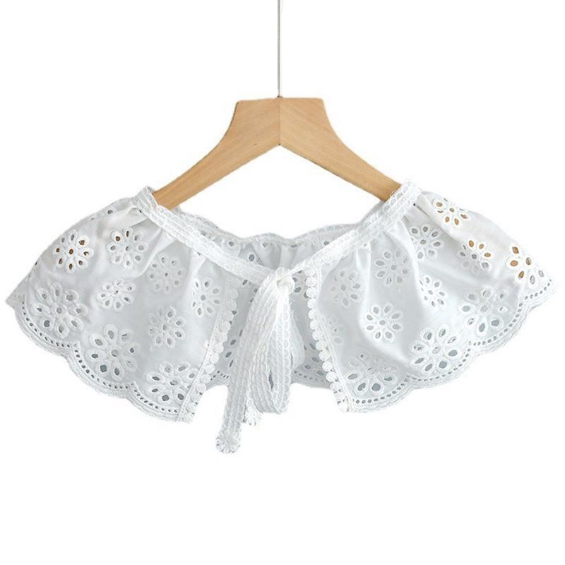 Women Embroidery Lotus Root Pattern Faux Collar Pleated Shawl Lace-Up Cape Scarf