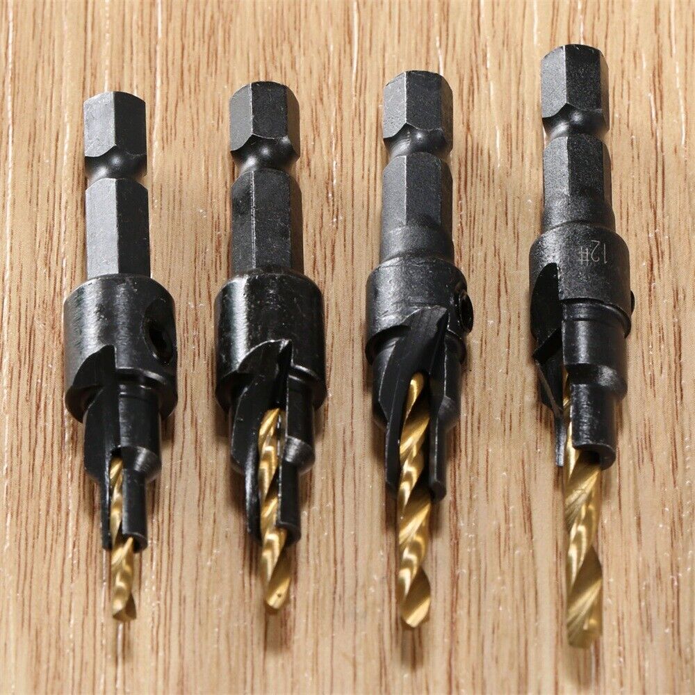 4x HSS Ti Titanium-coated Countersink Drill Bits Kit Hex Shank Woodworking Tool