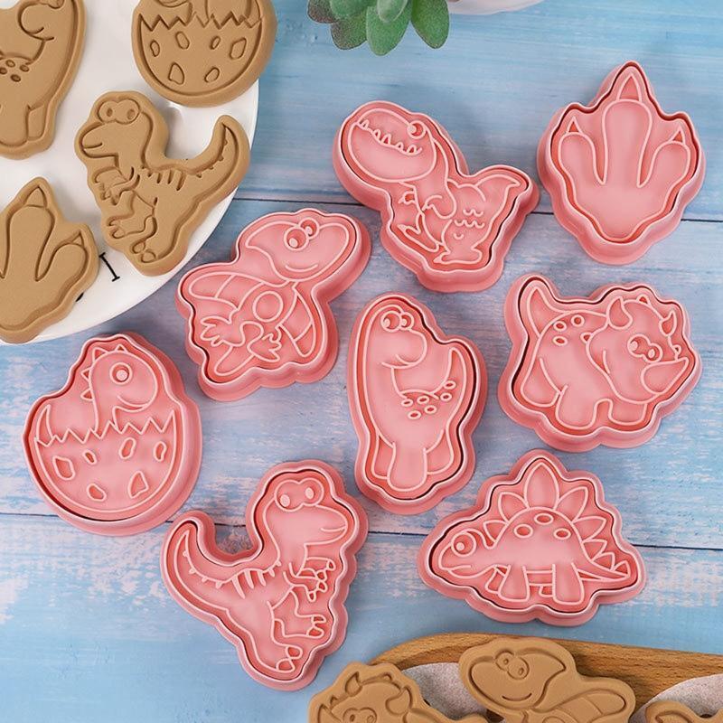 Set of 8 Plastic Cookie Moulds Cutters Biscuit Stamper Cutters Dinosaur Shaped