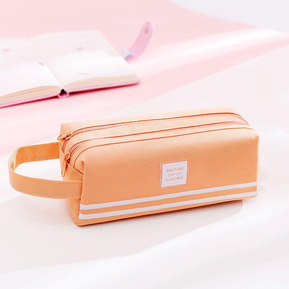 Simple Color Canvas Pencil Case Large Capacity Zipper Stationery (Pink)