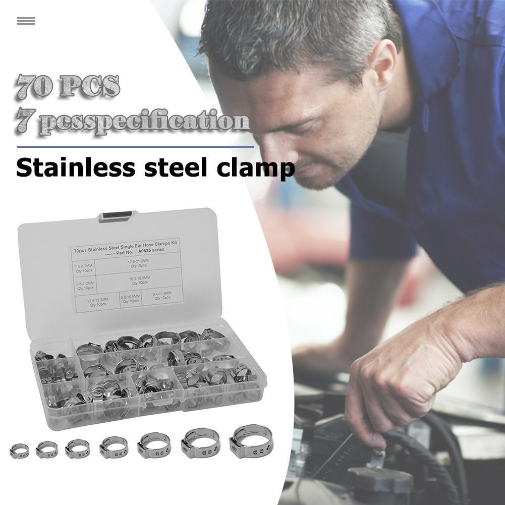 70pcs 7 Sizes Stainless Steel Single Ear Hose Clamps Fuel Air Pipe O Clips