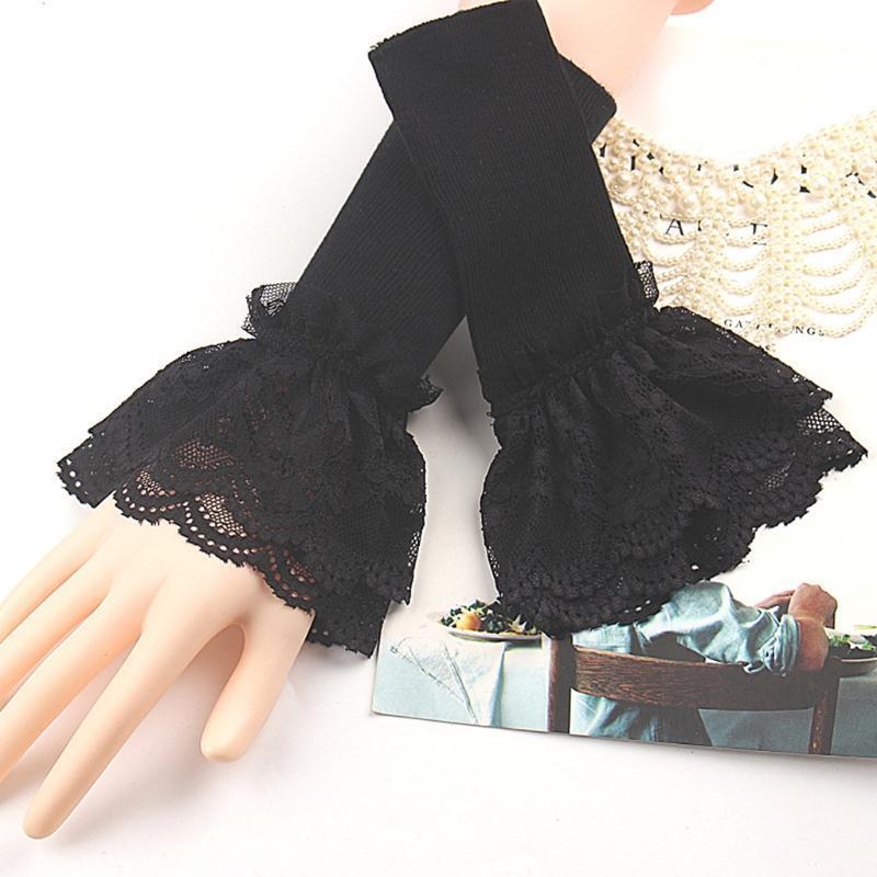 Women Double Layer Ruffles Lace Patchwork Arm Warmers Knitted Fingerless Gloves