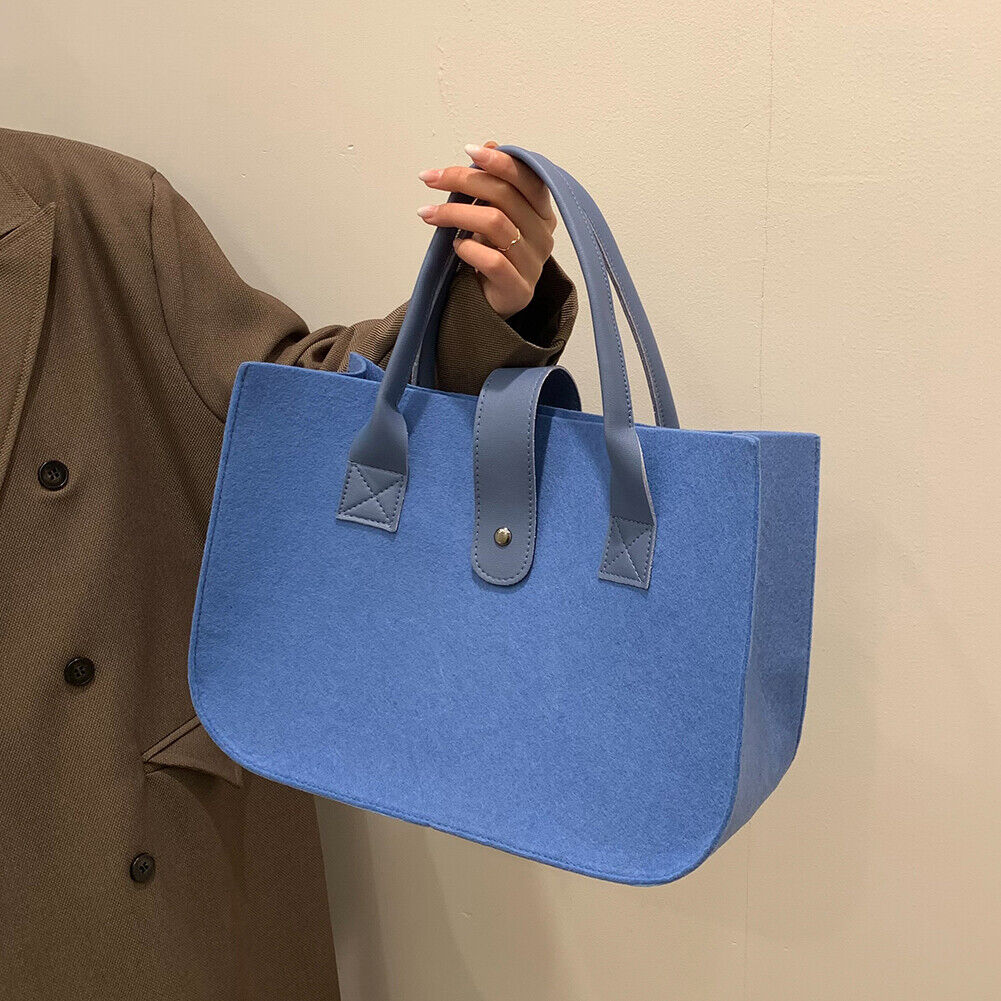 Women Felt PU Leather Quilted Tote Bag Solid Color Top-handle Bag (Blue)