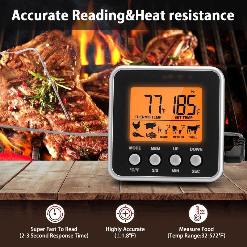 Cooking Food Candy Thermometer Timer with Stainless Steel Probe Backlight
