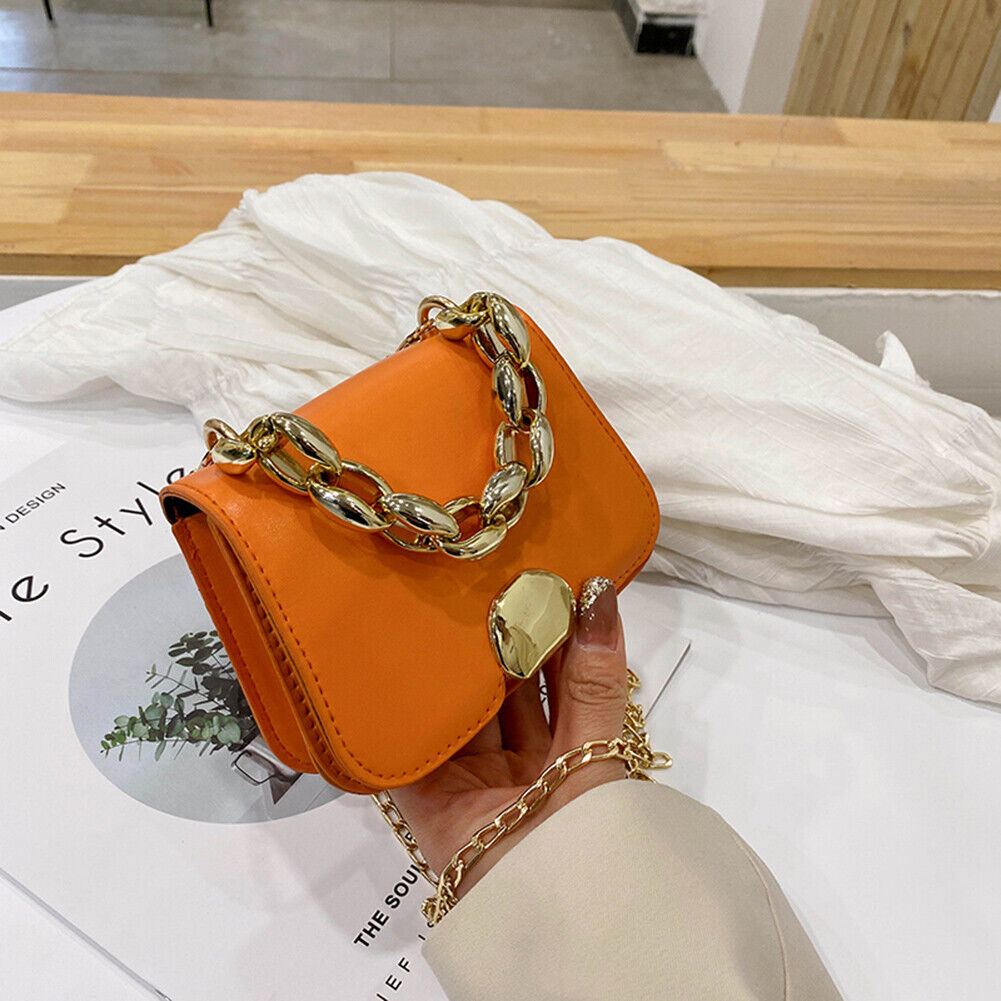 Designer Women Chain PU Leather Shoulder Bag Mini Square Handbag (Orange)