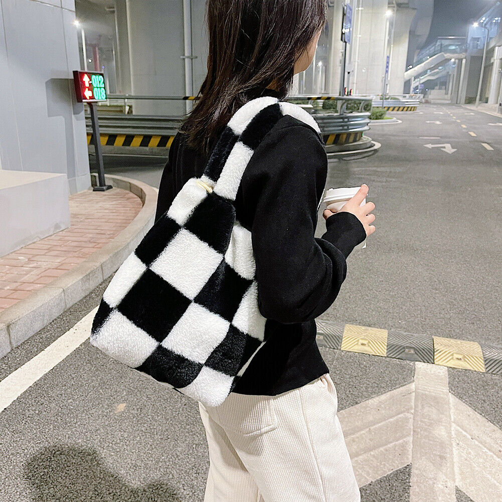 Fashion Checkered Print Shoulder Bag Autumn Winter Plush Hit Color Handbag