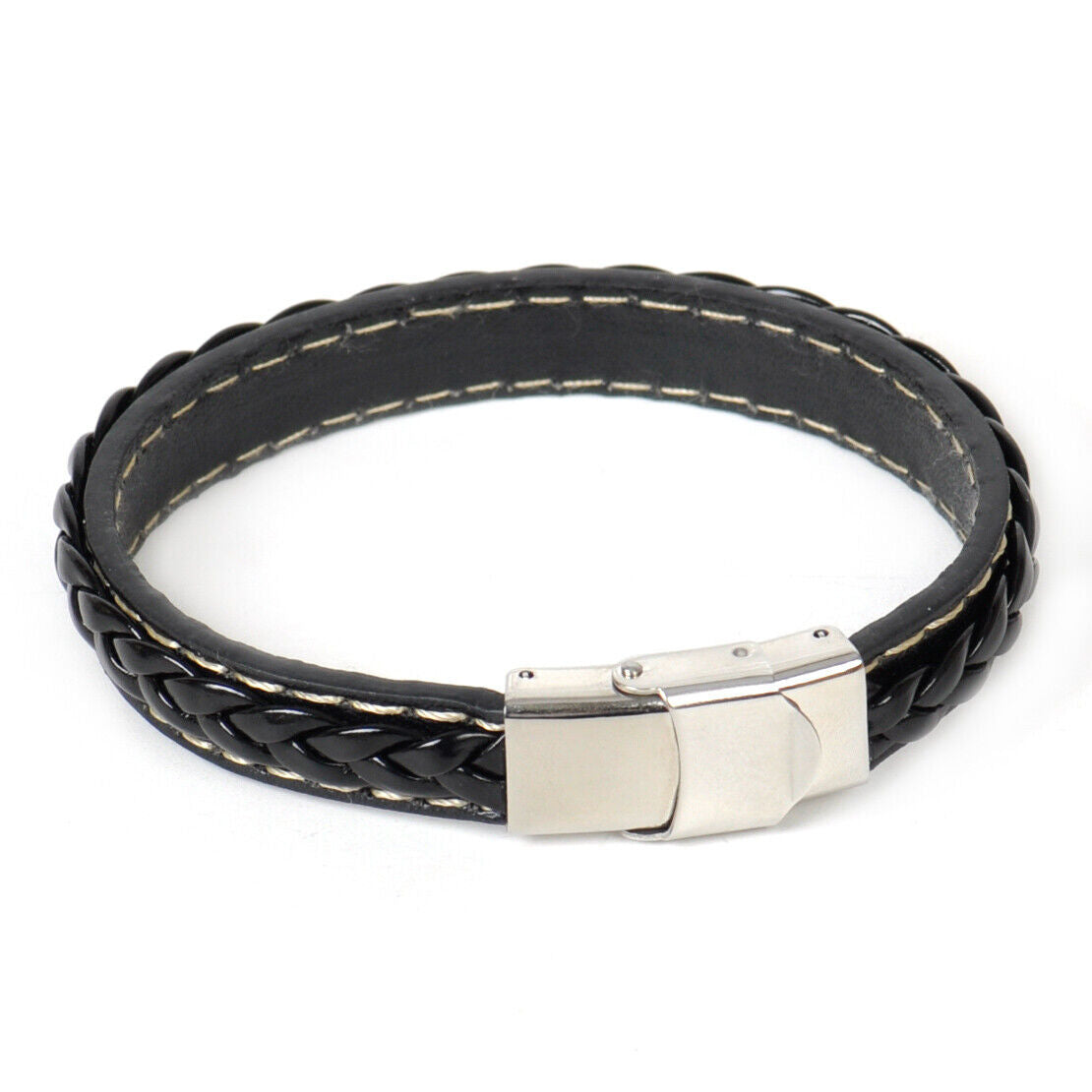 Men's Black Leather Wristband Braided Bracelet Stainless Steel Clasp Bangle Li