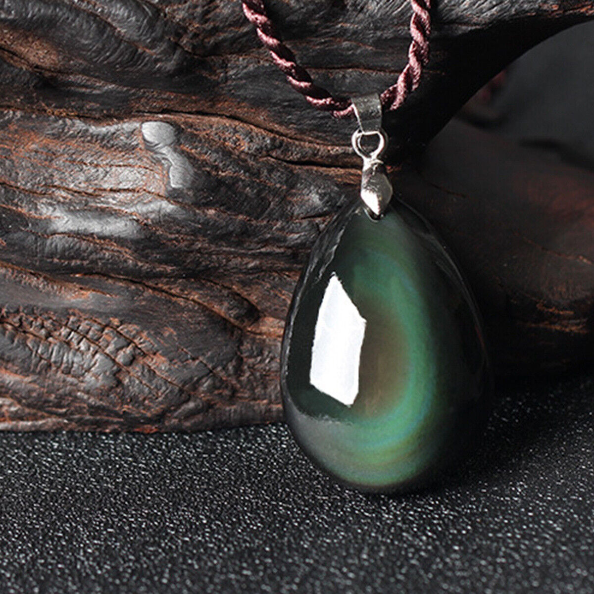 Natural Rainbow Obsidian Hand-Carved Teardrop Necklace Pendant Black Beads Gift